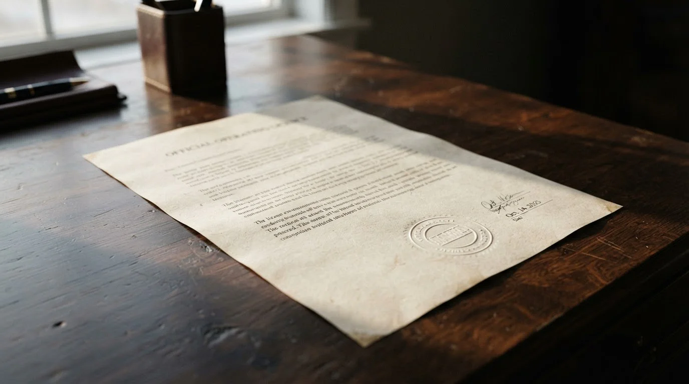 Official licence document with an embossed stamp lying on a wooden desk