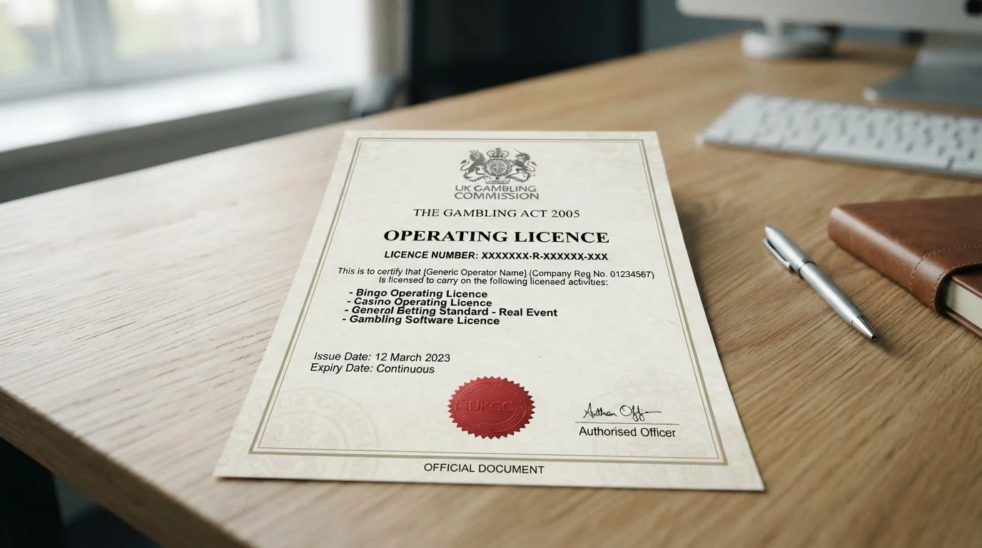 UKGC licence certificate document showing active remote operating licence status