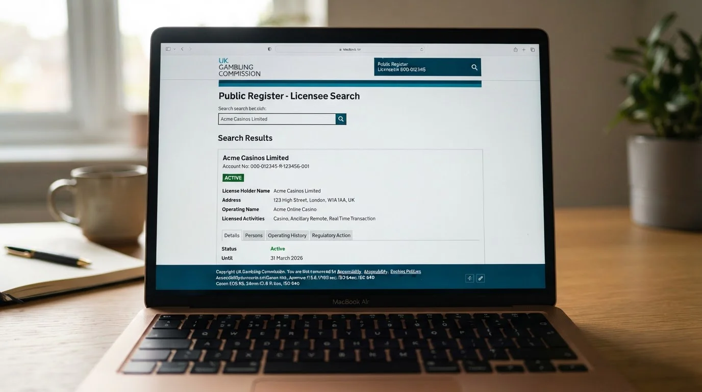 UK Gambling Commission public register search interface showing active casino licence verification results