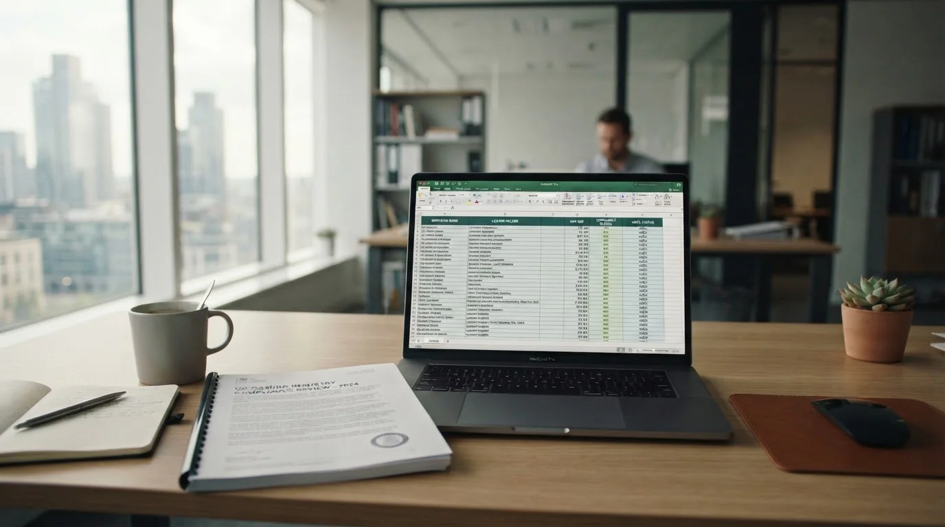 Professional desk with laptop showing UK casino comparison spreadsheet