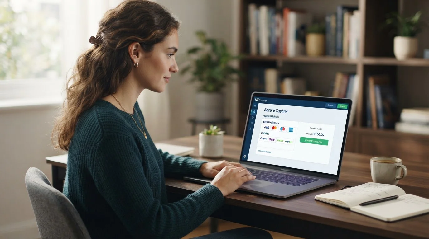 Person using laptop showing UKGC-licensed casino cashier with debit card and e-wallet payment options