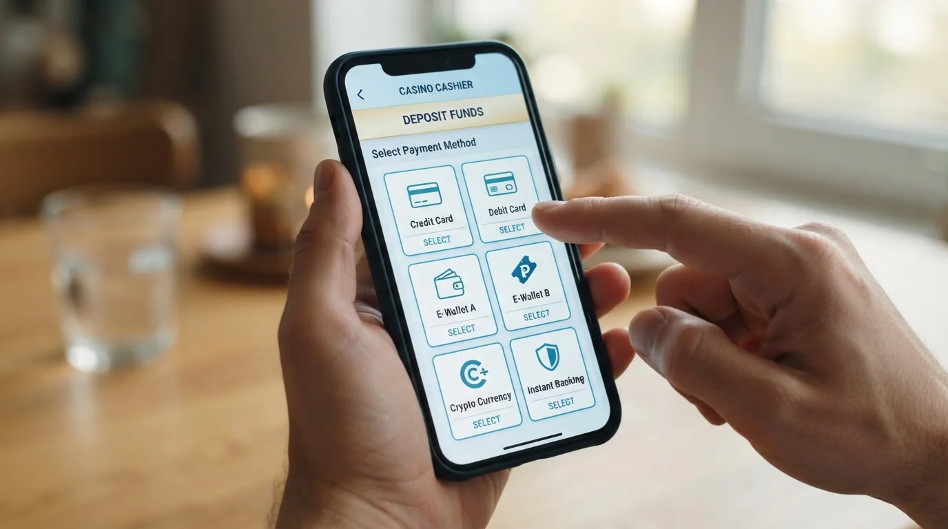 Mobile phone showing UKGC-licensed casino cashier with multiple e-wallet payment options
