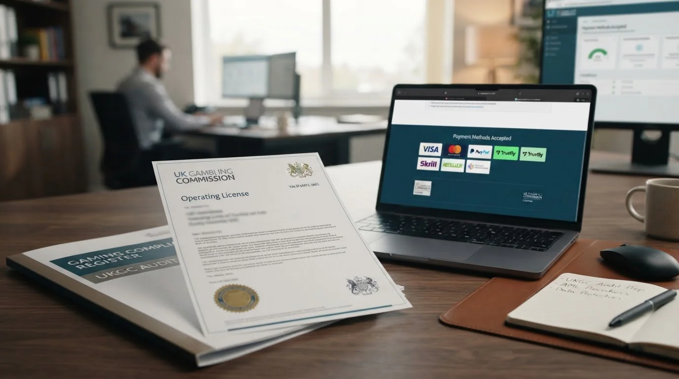 UKGC license document on desk with laptop displaying payment method icons