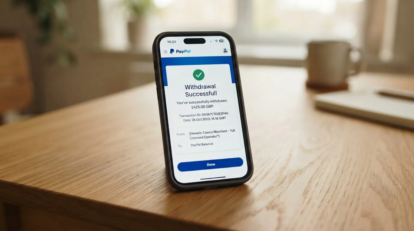 Smartphone displaying UKGC casino withdrawal confirmation with PayPal e-wallet