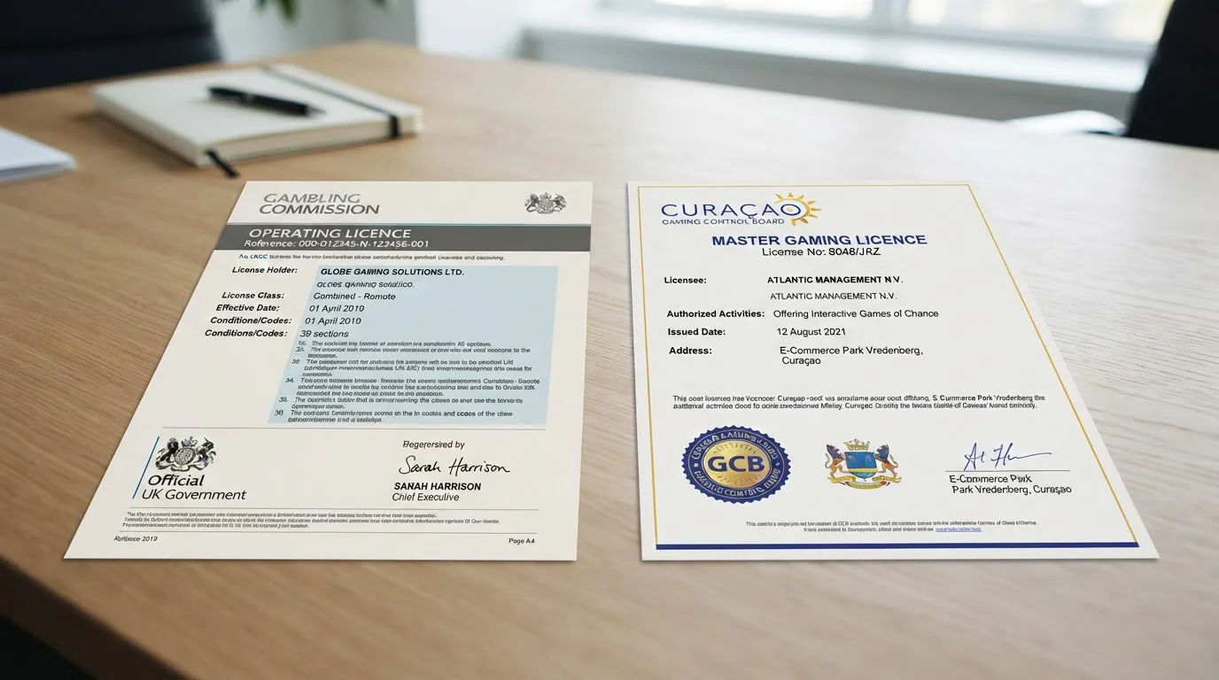 Official document showing UKGC license verification with Curaçao comparison