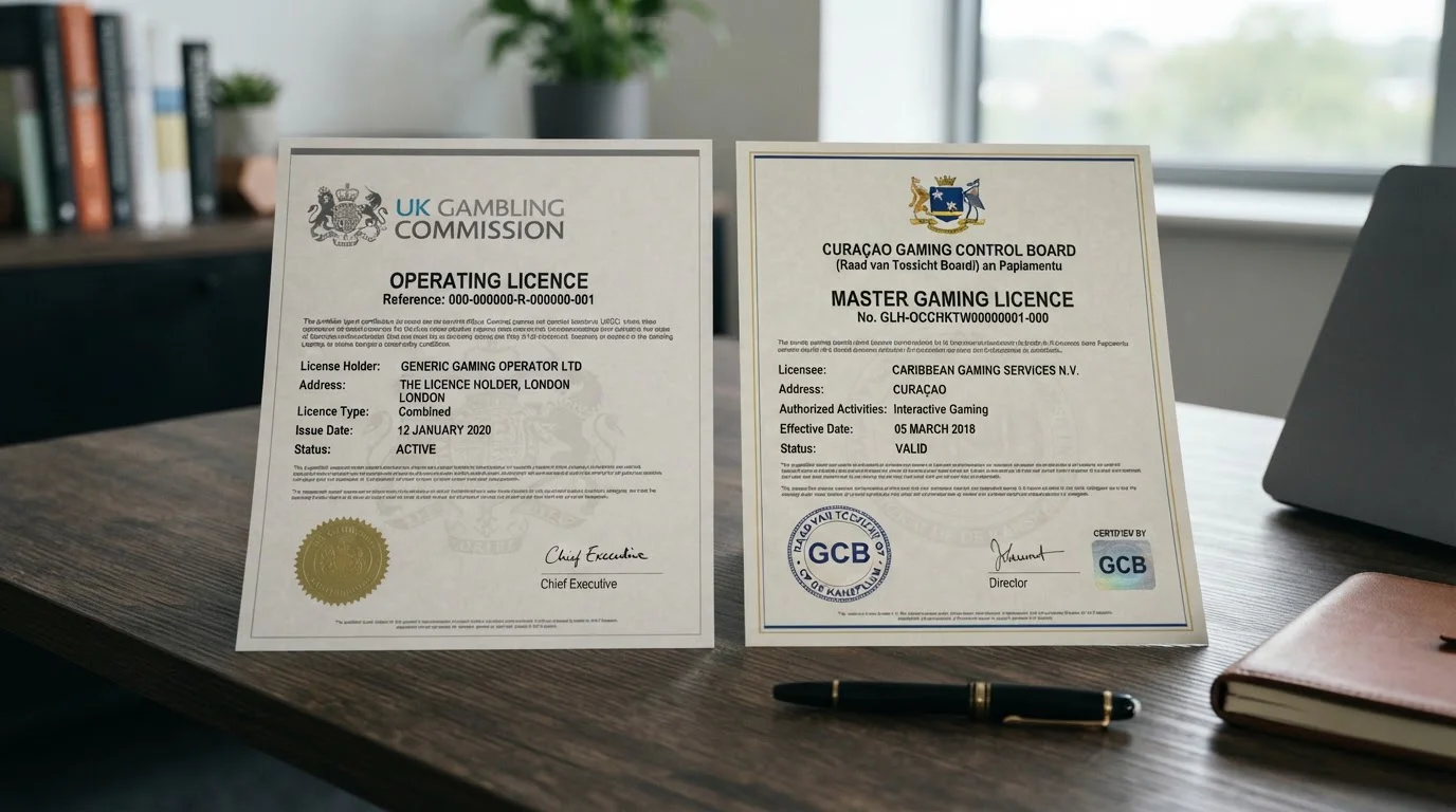 Side-by-side comparison of UKGC licence document and Curaçao gaming licence certificate showing regulatory differences
