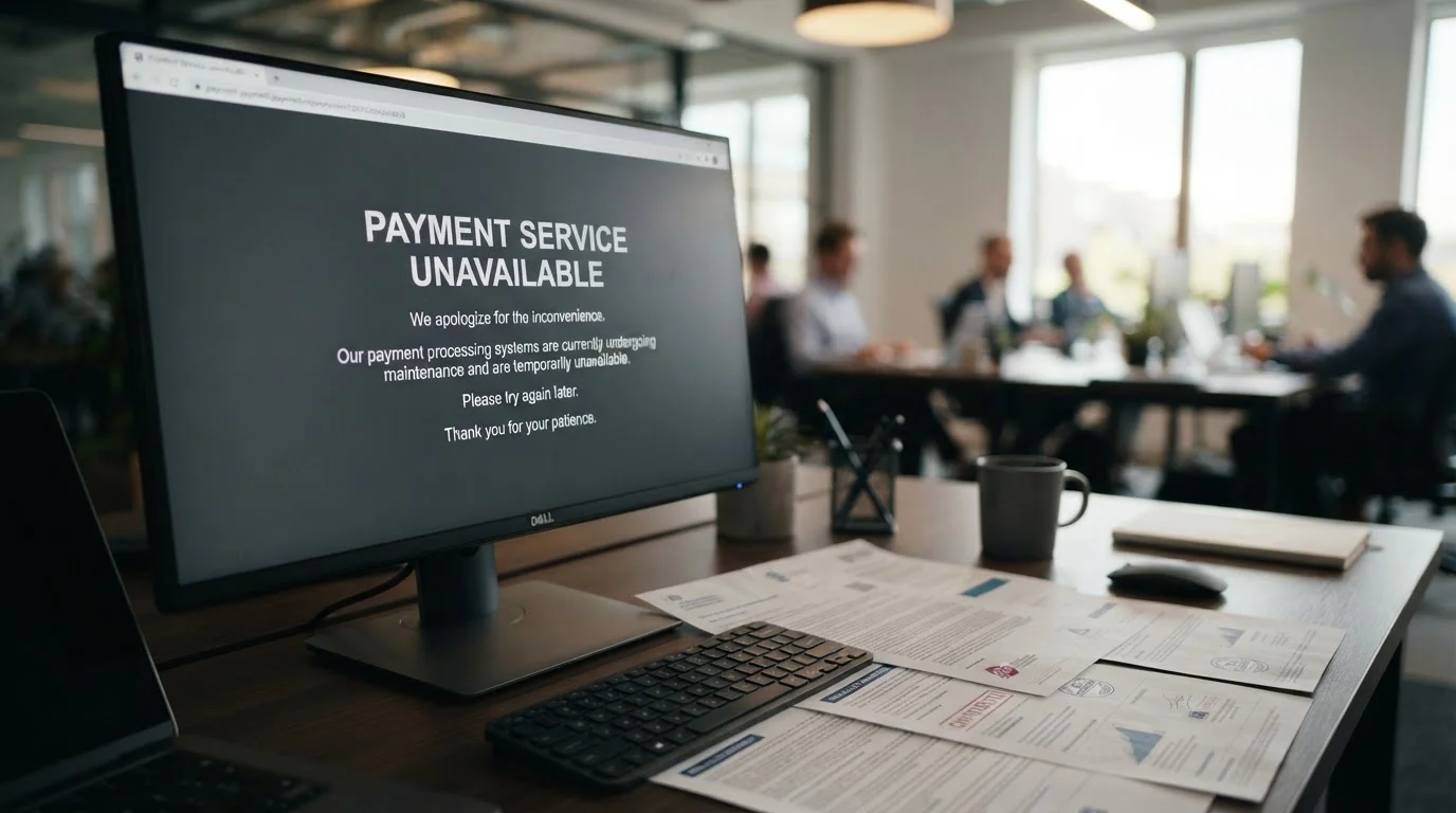 Closed payment service notice on computer screen with financial documents
