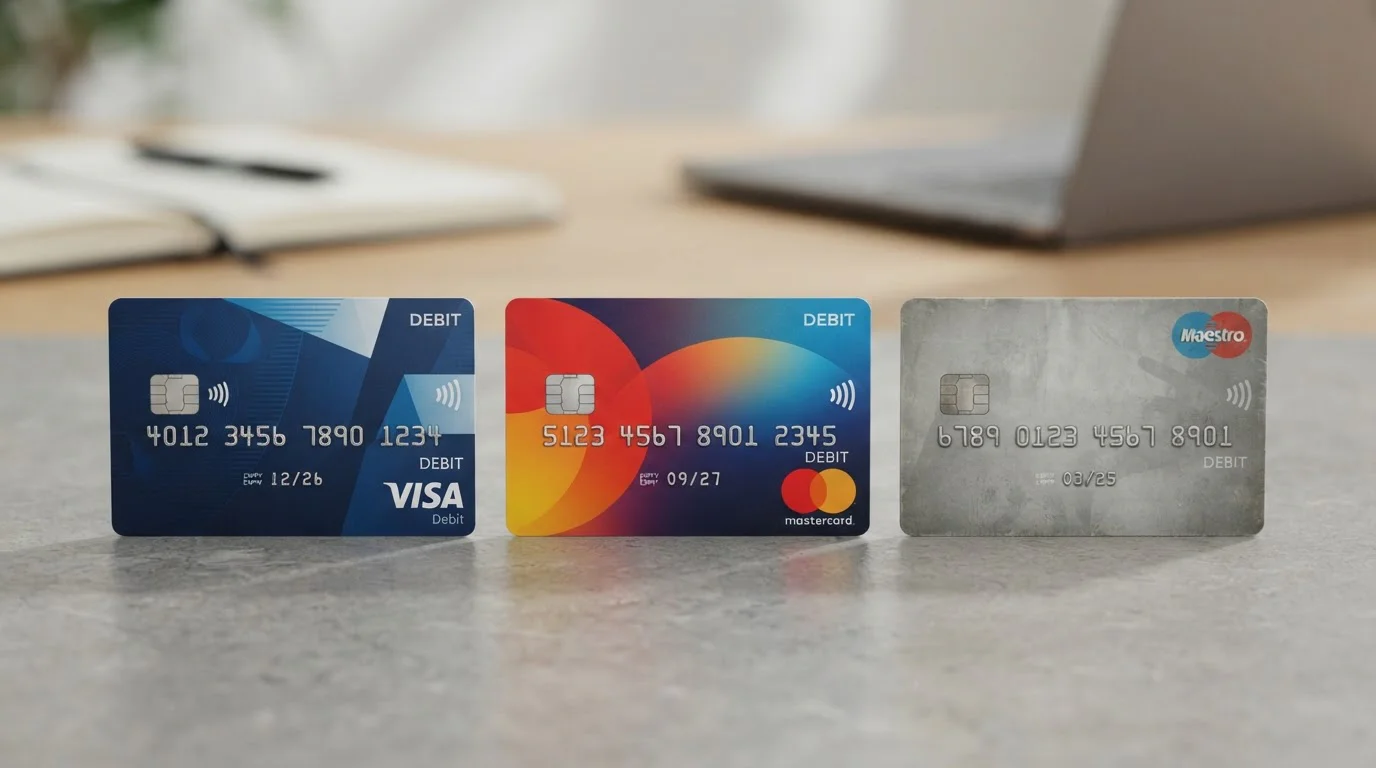 Visa Debit and Mastercard debit cards side by side with Maestro card faded out
