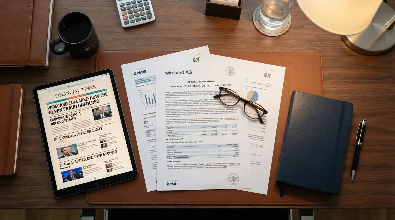 Financial documents showing Wirecard insolvency filing and corporate fraud investigation timeline